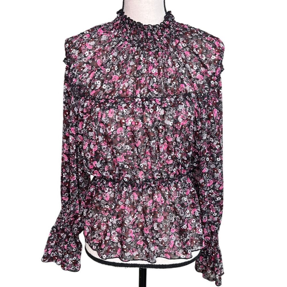 Zara Black Pink Floral Smocked Ruffle Blouse Size Small